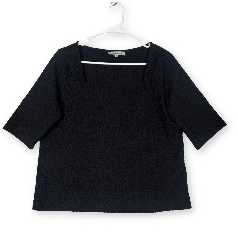 Rose + Olive Black Crinkle Texture Square Neck Short Sleeve Top Women Medium